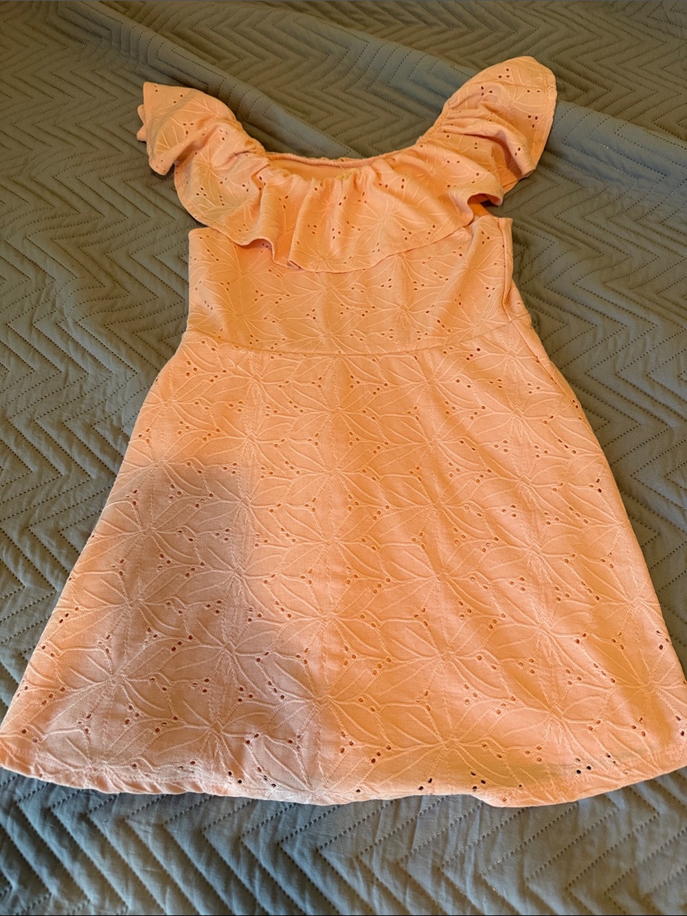 btween Peach Eyelet Ruffle Off-Shoulder Dress